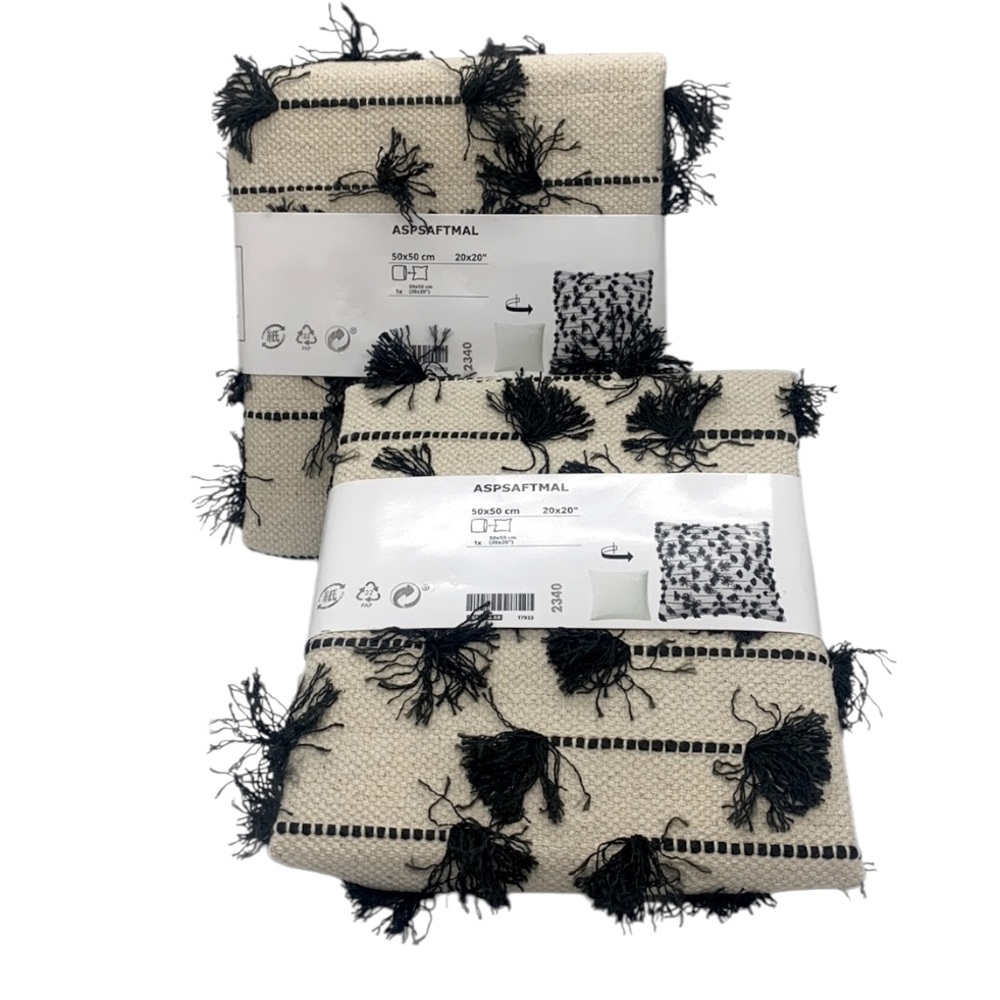 IKEA NWT ASPSAFTMAL Pillow Cushion Cover 20x20" Black Natural Fringe Decorative